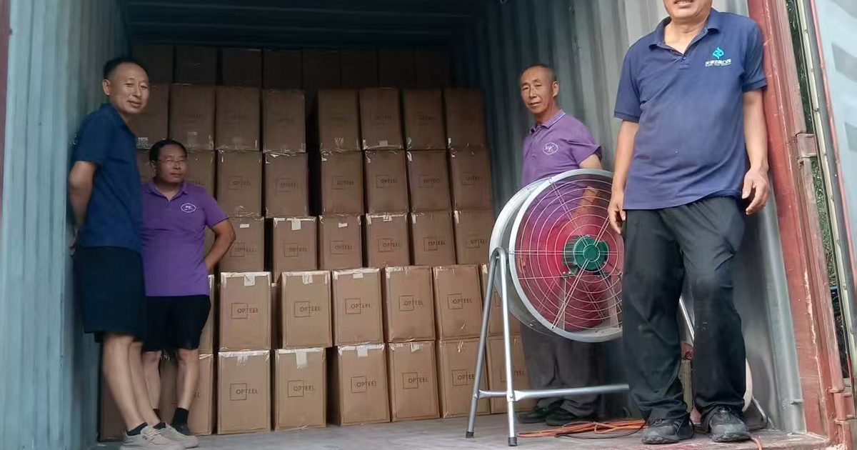 Factory loading crew standing at the container door beside a finished load in China