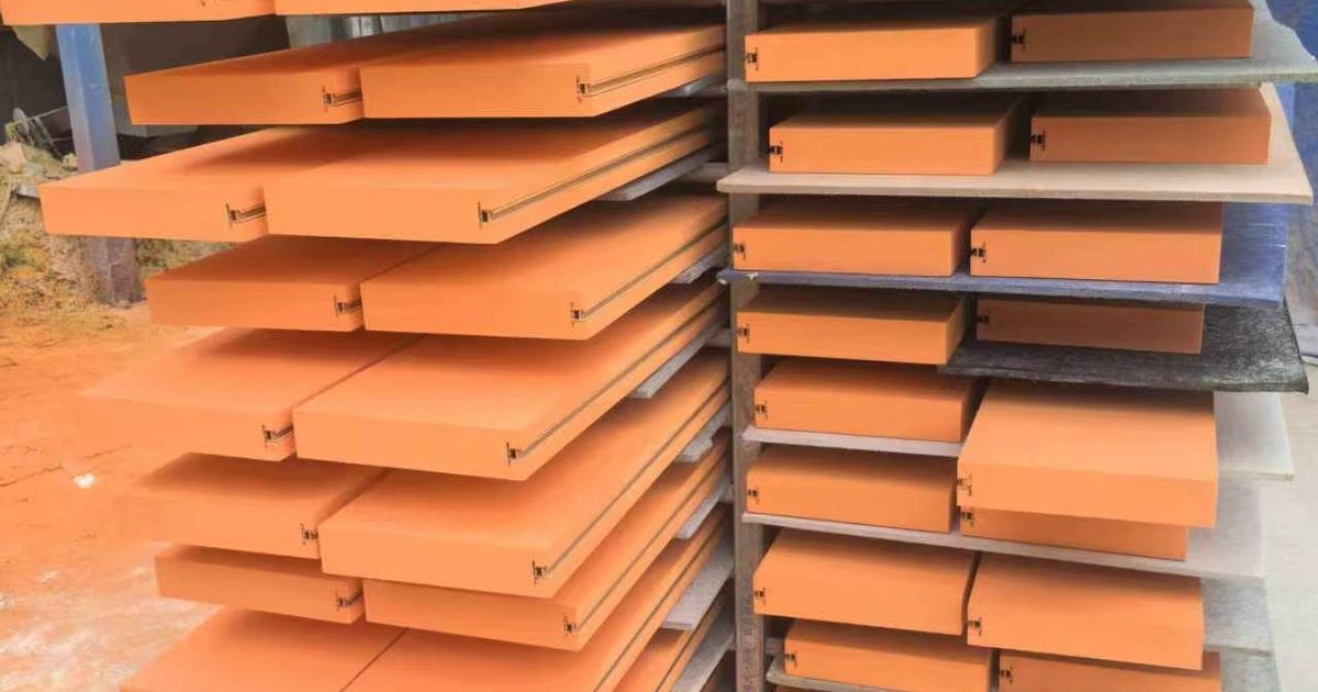 Orange-finished panels curing on a drying rack at a Chinese factory