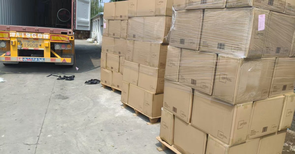 Shrink-wrapped pallets of cartons staged beside a trailer before container loading in China
