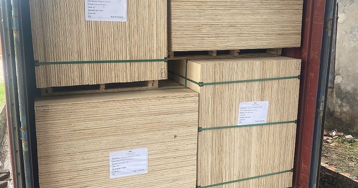 Banded plywood panel bundles loaded in a container with Made in Vietnam labels